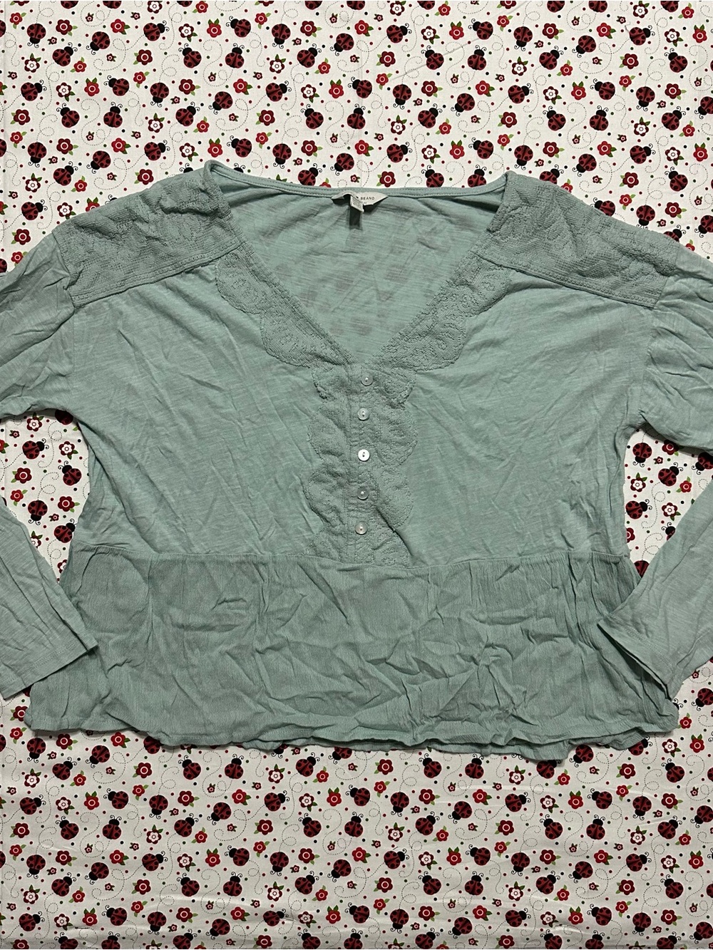 Lucky Brand Sage Green Lace Pintuck Peplum Top Long Sleeve Blouse Juniors Med
